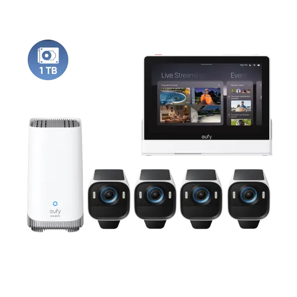 eufy Smart Display E10 + eufyCam S3 Pro 4-Cam Kit + 1 TB Hard Drive